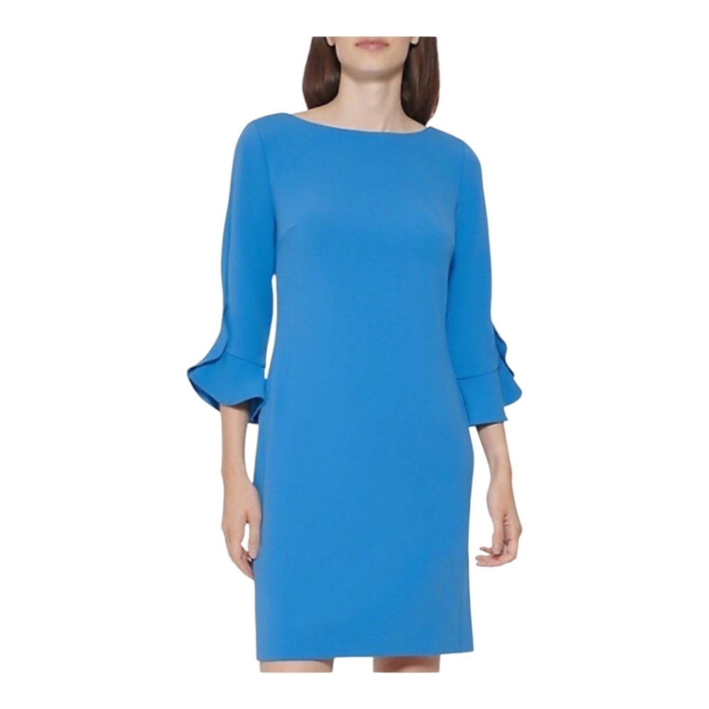 Karl Lagerfeld Paris womens dress sz 4 blue sheath ruffle tulip bell sleeve